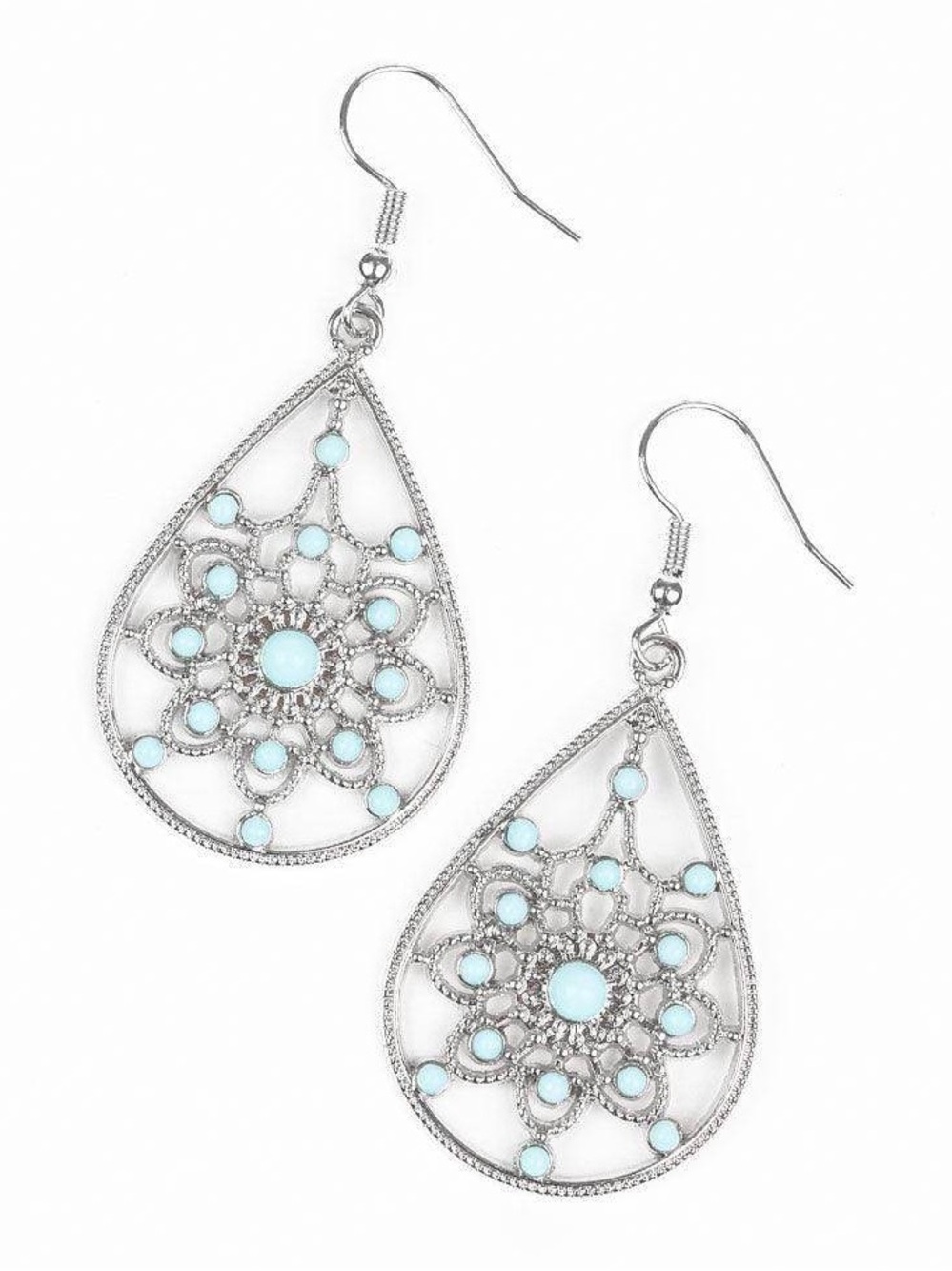 A Flair For Fabulous - Teardrop Filigree Earrings with Light Blue Accents